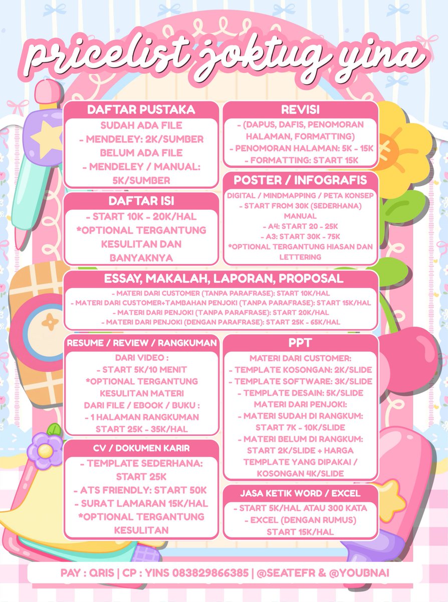 ohagrv's tweet photo. @rasbrryyy yuk joki di kami, pengerjaan teliti, cepat &amp; tepat waktu. berikut pricelistnya iaaa ෆ
˶ᵔ ᵕ ᵔ˶ 
ᯓ ✈︎ 𝗰𝗼𝗻𝘁𝗮𝗰𝘁 𝘂𝘀 ⤸
ㅤㅤㅤㅤㅤ{ https://t.co/mb4tqTn3bK } https://t.co/l40kj0hDV6