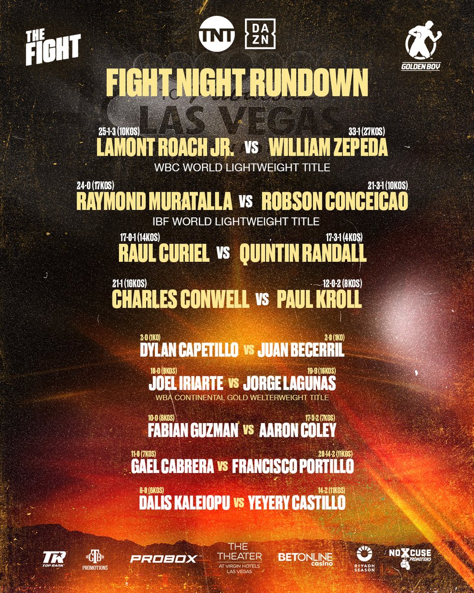 GoldenBoyBoxing's tweet photo. Fight night hits Las Vegas with a card that's loaded 𝒇𝒓𝒐𝒎 𝒕𝒐𝒑 𝒕𝒐 𝒃𝒐𝒕𝒕𝒐𝒎! Be there or tune in. This one's 𝐂𝐀𝐍'𝐓-𝐌𝐈𝐒𝐒 action 💥🎰🥊

Preliminary Bouts: 1PM | Golden Boy's YouTube
Main Card: 5PM | TNT and DAZN

#RoachJrZepeda | 𝒕𝒐𝒏𝒊𝒈𝒉𝒕 https://t.co/G1HJkE3ilA