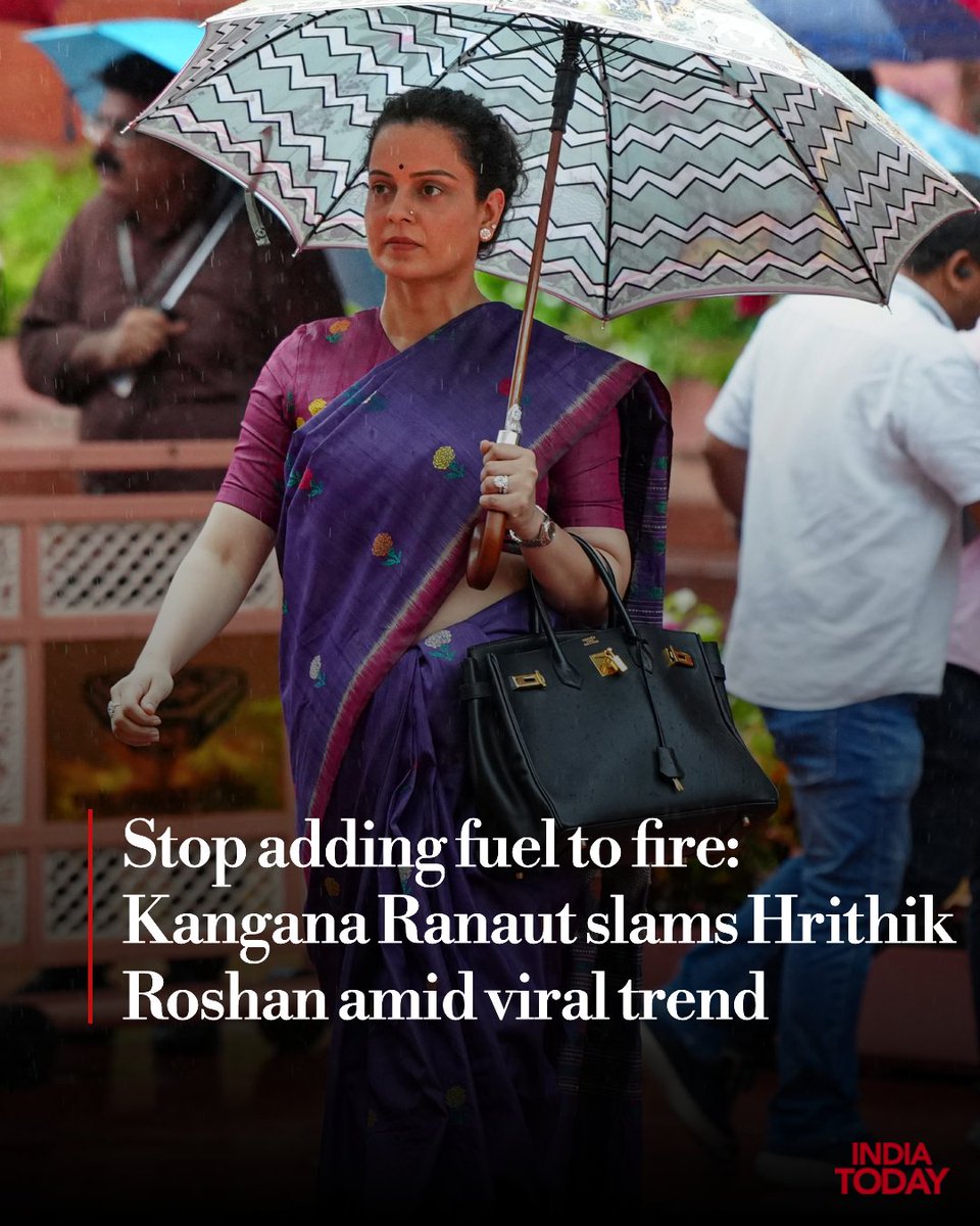 IndiaToday's tweet photo. The online exchange between actors Hrithik Roshan and Kangana Ranaut has taken a fresh turn, with Kangana Ranaut hitting back at Hrithik Roshan and asking him to "stop adding fuel to the fire and embarrassing your partner."

Kangana's response came hours after Hrithik reacted to the viral "We Need to Apologise to Hrithik" trend and said people should not be swayed by social media narratives.

#KanganaRanaut #HrithikRoshan #Viral 

Read More: https://t.co/CxwDDQeTq0