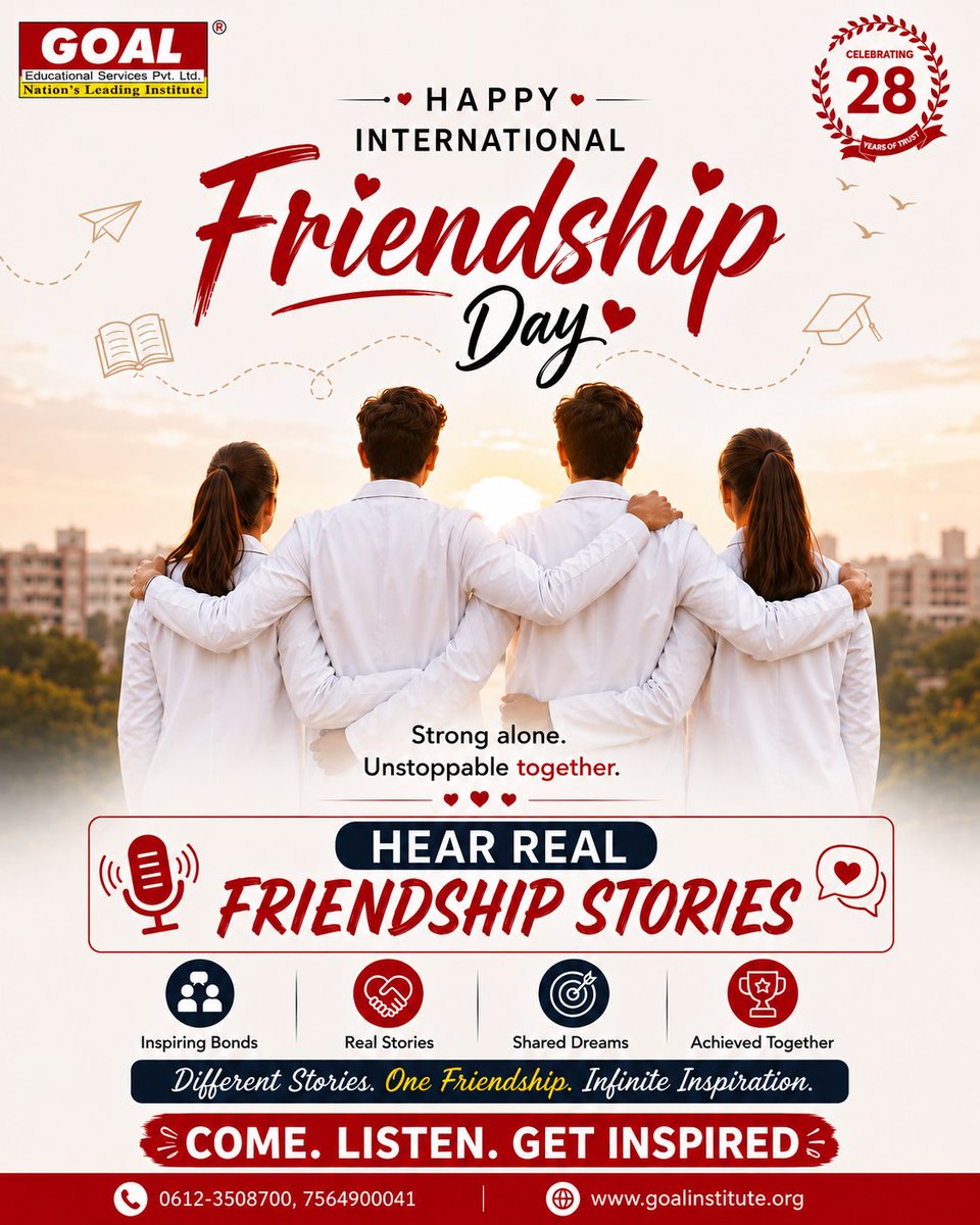 goalpatna's tweet photo. Behind every big dream is a friend who believes in you.
Tag the friends who inspire you, support you, and make every journey more meaningful. Together, we dream bigger and achieve better!
#FriendshipGoals #DreamTogether #AchieveTogether #SupportEachOther #GoalInstitute https://t.co/2gwLL13JuD