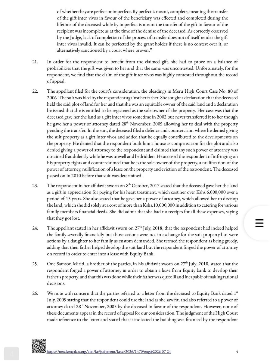 Thuranira_1's tweet photo. A daughter has lost land worth millions after the Court of Appeal ruled that simply saying, "My late father gave it to me," is not enough.

The daughter claimed the land belonged to her because her father had gifted it to her during his lifetime and she had developed it, managed it, and collected rent. But the Court found there was no valid transfer, no credible evidence of the gift, and even noted that the deceased had previously disputed her claim.

The Court of Appeal has now sent a clear warning: if you claim a deceased parent gifted you land, you must prove it with solid evidence. Family promises, developing the land, living on it, or collecting rent do not make you the legal owner. Without proof, the property remains part of the deceased's estate and must be shared according to the law.