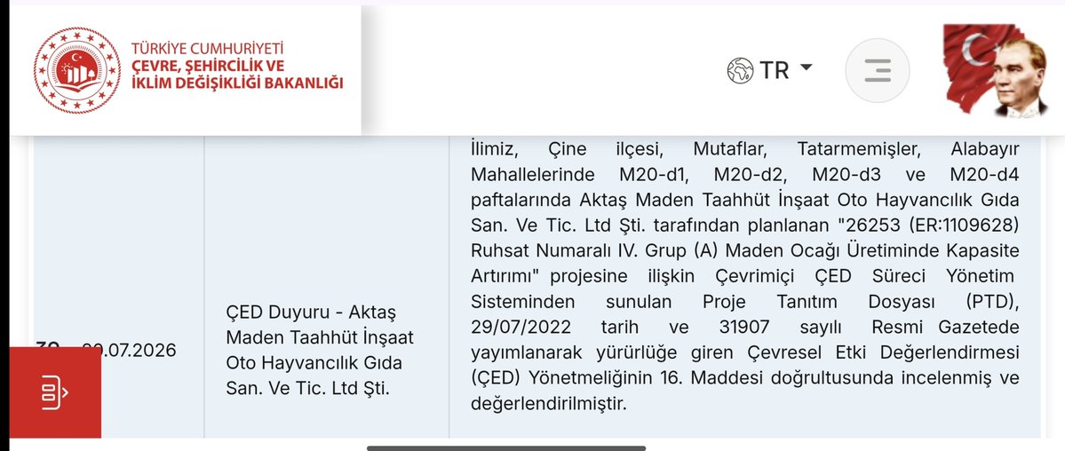 umuttastangzt's tweet photo. Üç gün boyunca yanan Madran Dağı'nda çok sayıda maden şirketi faaliyeti var. 

"Kapasite artırımı" başvurusu yapan da oldu. (21 Temmuz 2026)

Bunlardan sadece biri aşağıda, tam da yangının etkilediği Mutaflar ve Tatarmemişler Köyleri sınırında.

Bu şirkete karşı halk direnmişti. https://t.co/ugB2JHNkis