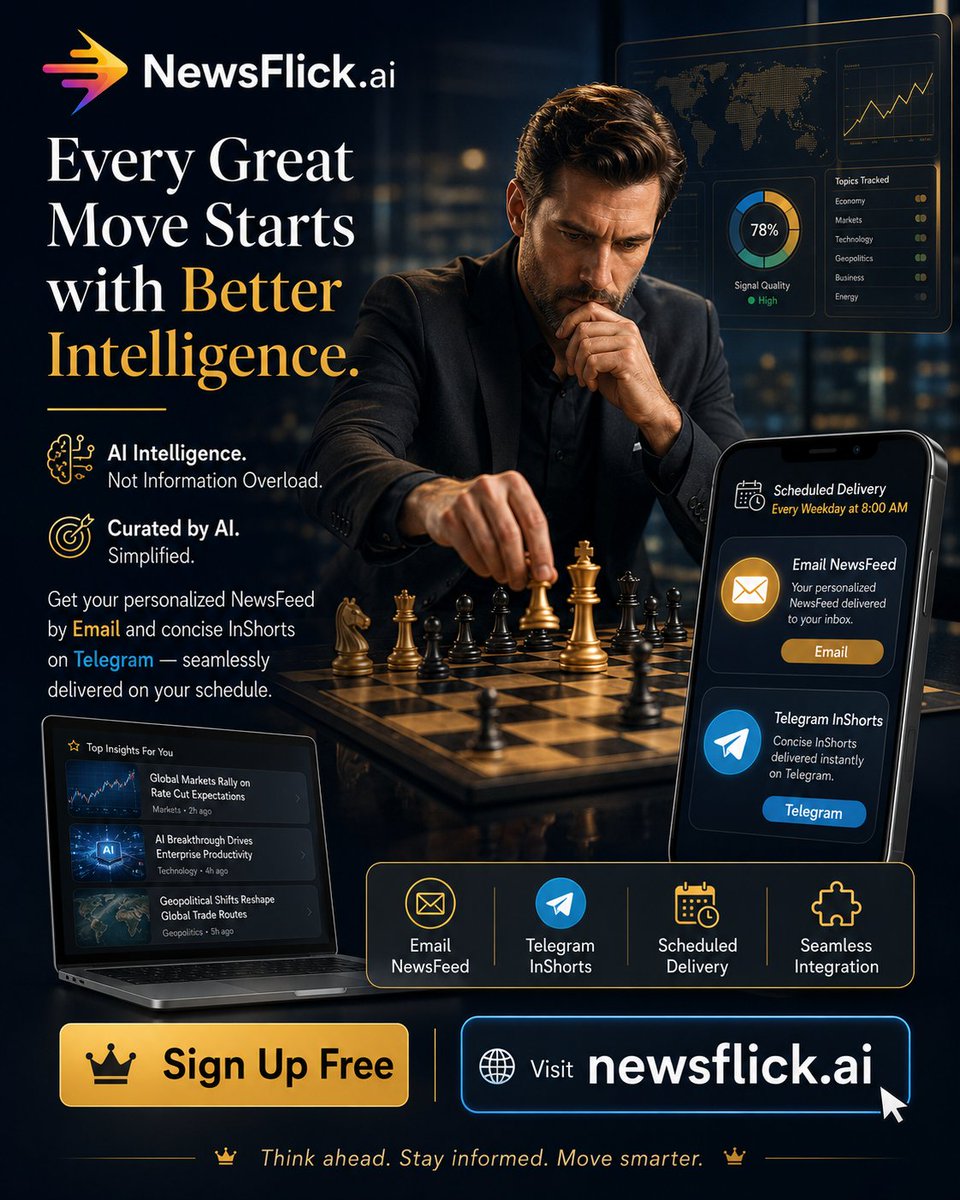 Saksham_live's tweet photo. Every great move starts with better intelligence. ♟️

https://t.co/yGgaq8o4Pt turns global news into personalized AI-powered briefings—delivered by Email and concise Telegram InShorts, on your schedule.

Think ahead. Move smarter.
Sign up free: https://t.co/f4rywmKSVy
#AI #NewsIntelligence #Productivity