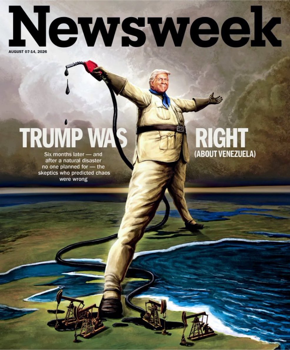 Maxcardoso's tweet photo. A reportagem de capa da Newsweek da próxima semana diz que Trump estava certo sobre a Venezuela.
6 meses após a captura de Maduro, o caos previsto não ocorreu.
A produção de petróleo subiu para 1,1 milhão de barris/dia, a repressão diminuiu e a recuperação continuou mesmo após os terremotos mortais de junho.