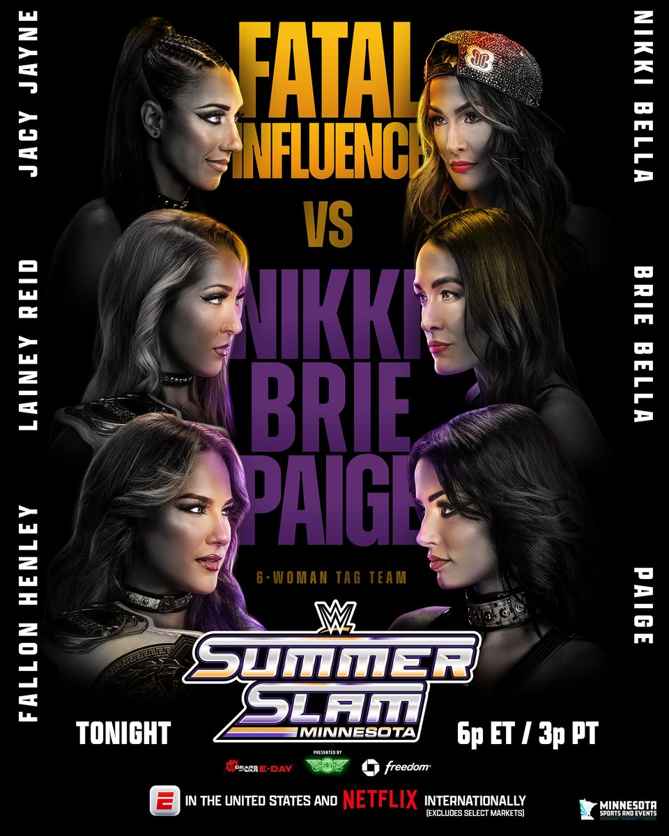 WWE's tweet photo. Fatal Influence takes on The Bella Twins and Paige TONIGHT at #SummerSlam!

#SummerSlam streams TONIGHT at 6PM ET/3PM PT on the @espn App with ESPN Unlimited! https://t.co/iKgx1LU1Om