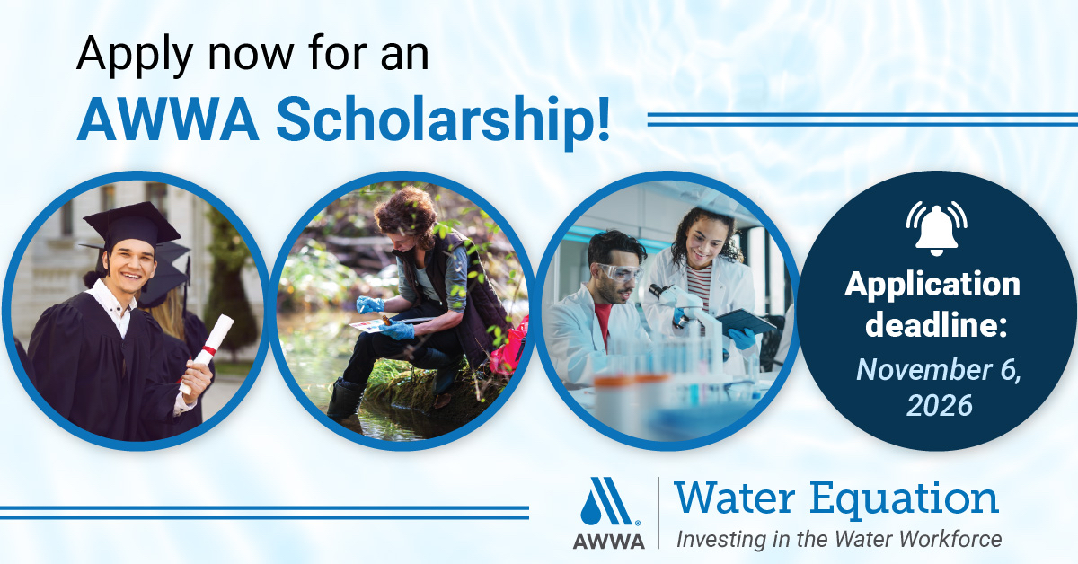 awwa's tweet photo. Applications are now open for AWWA’s Water Equation Scholarships!
Take the next step toward a career that makes a difference. Apply today.
https://t.co/vzvg43tZFJ #WaterEquation #WE #FutureOfWater https://t.co/KmAy6cLbpp