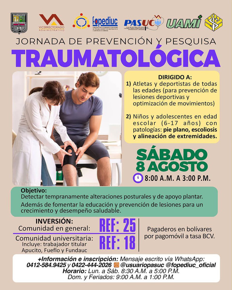 UCarabobo's tweet photo. #Noticias @UamiUc invita a la Jornada Social Autosustentable de prevención y pesquisa traumatológica, el sábado #08Ago.
Inscripción por mensajes escritos de WhatsApp a través de 0412-584.9425 de @usuariopasuc o al 0422.444-2026 de @fopediuc_oficial.

https://t.co/KEY0ZZ5Sq3 https://t.co/7jnSmYXvOn