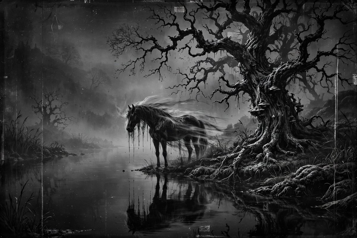 grumpybob79's tweet photo. Kelpie on a misty loch shore
The loch holds its breath, the kelpie's form a darker cut in the mist.
湖面は息を潜め、ケルピーの姿は霧に刻まれた黒い裂け目。
#kelpie #analoghorror #monochrome #scottishmyth #aiart https://t.co/N5jn4hsiTm