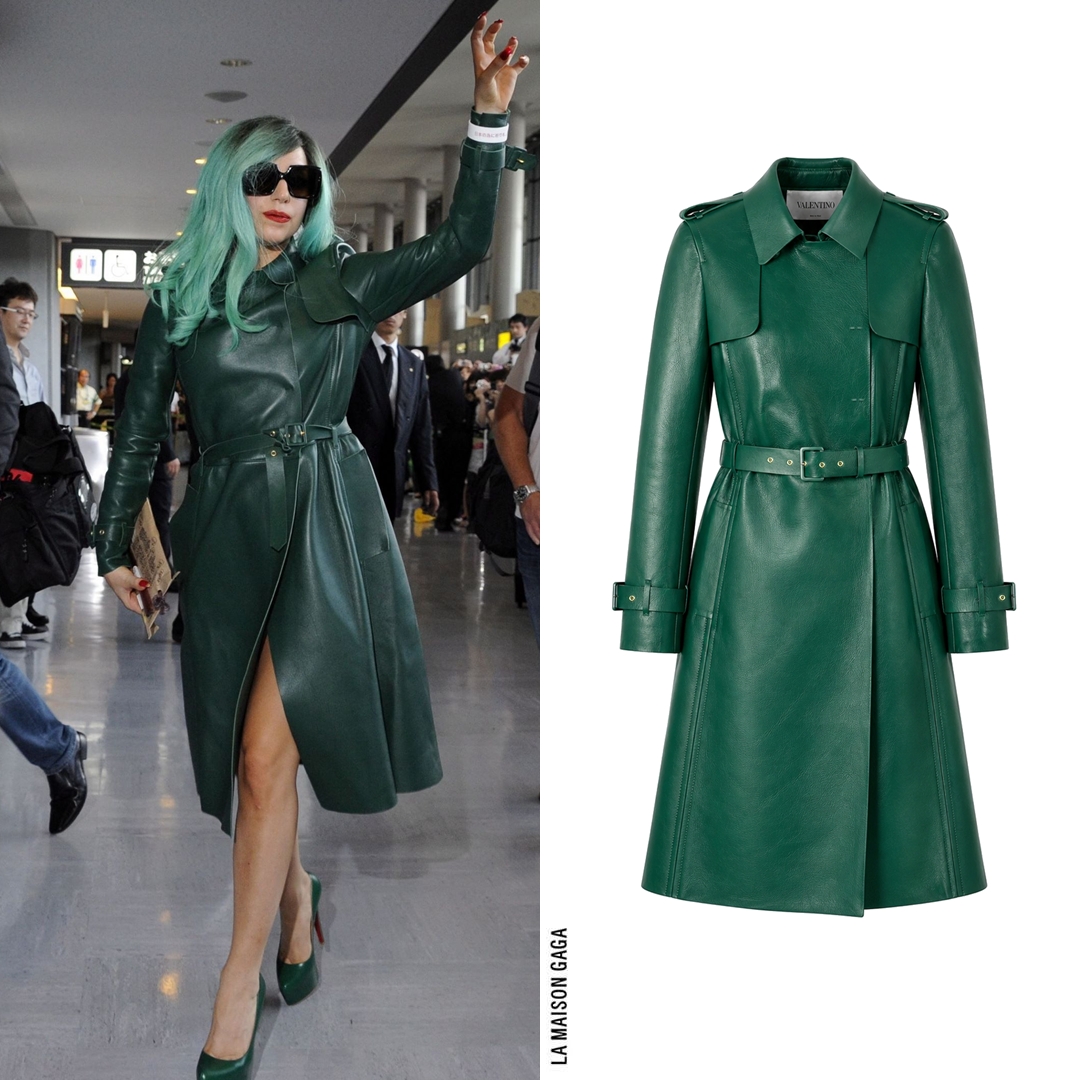 LaMaisonGaga_'s tweet photo. Lady Gaga landed in Narita Airpot, Japan wearing a @MaisonValentino Fall/Winter 2011 bottle-green leather trench coat with matching custom emeraude @LouboutinWorld "Daffodile" pumps and vintage #FrameFrance shades. https://t.co/CDP8OnXjEz