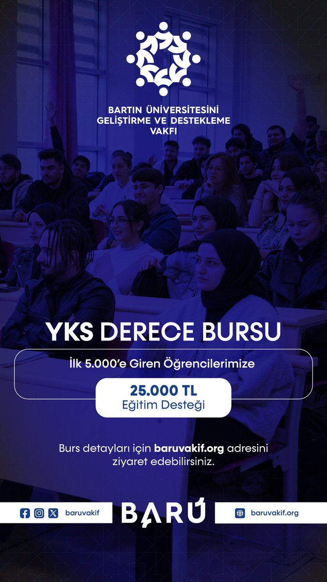 BARUBSM's tweet photo. Bartın Üniversitesini Geliştirme ve Destekleme Vakfımız aracılığıyla, YKS’de ilk 5.000’e girerek ailemize katılan öğrencilerimize 25.000 TL Eğitim Destek Bursu sunuyoruz.  Bilimin, girişimciliğin ve geleceğin merkezinde yerinizi alın.

@baruedutr

@baruvakif
#BARÜ #burs https://t.co/qMsLHLCxJ0