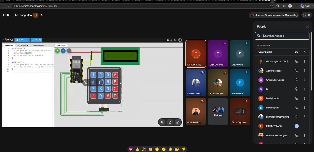 exhibot_ng's tweet photo. Success Imhoenegamhe @Mr_I_Success took the free first session by  introducing  MCUs, embedded programming, and Wokwi simulation. 

Built a working calculator with ESP32, LCD, keypad, and buzzer. Next up: PCB Design and CAM. 
Still time to join 👉https://t.co/L3OrRvn22z https://t.co/7ld3jr7AwU