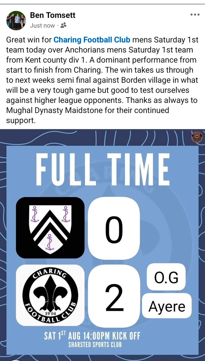 CharingFC's tweet photo. Great result today for the lads. Good luck to Anchorians for your season https://t.co/506Hs0DxDD