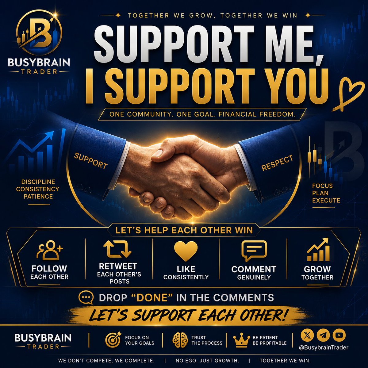 BUSYBRAINTRADER's tweet photo. SUPPORT ME, I SUPPORT YOU 
Let's build a strong community together. 

✅ Follow each other
🔁 Retweet each other's posts
❤️ Like consistently
💬 Leave genuine comments
📈 Grow together every single day
No competition. Just growth.

Drop "DONE 🤝" in the comments and let's support each other.
