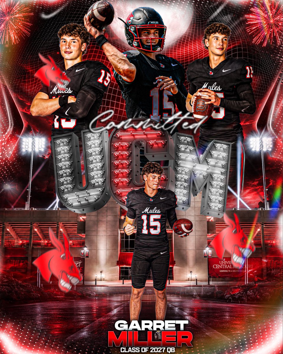 GarretMillerQB's tweet photo. I’m excited and grateful to announce my commitment to continue my academic and athletic career at UCM. Thank you to my family, coaches, teammates, and friends for your constant support and belief in me throughout this journey. I’m thankful for this opportunity and excited for what’s ahead. Go Mules!
@Granttrue60 @JoshLamberson @H_HAWK @UCMFootballTeam @MishCFB @jeremycrabtree