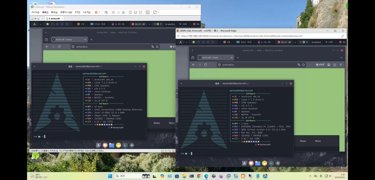 markun8633's tweet photo. もー8月⋯🌞

Archcraft 2026.08.01
 Login=Openbox
 VMwareWorkstation-*1、Proxmox*2、
 Virtualbox ⭕️、Hyper-V ❌LiveNG
 Updateあり、日本語表示、
 ブラウザ、レスOK
 *1 3D Installer表示NGでもInstallOK
 *2 VirGL-GPU 
 画面表示は怪しげですが、
 描画欠落はなし⋯👀
 少しいい感じかな〜😅 https://t.co/rlTrwOIk3z