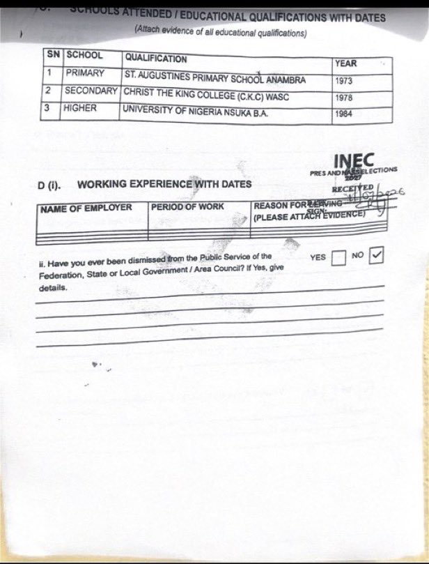 OurFavOnlineDoc's tweet photo. Academic credentials submitted by Peter Obi and Bola Tinubu to INEC for the 2027 presidential election.

Peter Obi: 
1. Primary school:
St. Augustine's Primary School, Anambra, 1973
2. Secondary School:
Christ the King College, 1978
3. Higher Education:
University of Nigeria, Nsukka, 1984

Bola Tinubu:
1. Primary School: BLANK/UNKNOWN
2. Secondary School: BLANK/UNKNOWN
3. Higher Education: 
BSc from an unknown school.

I genuinely have no words. Just no words.