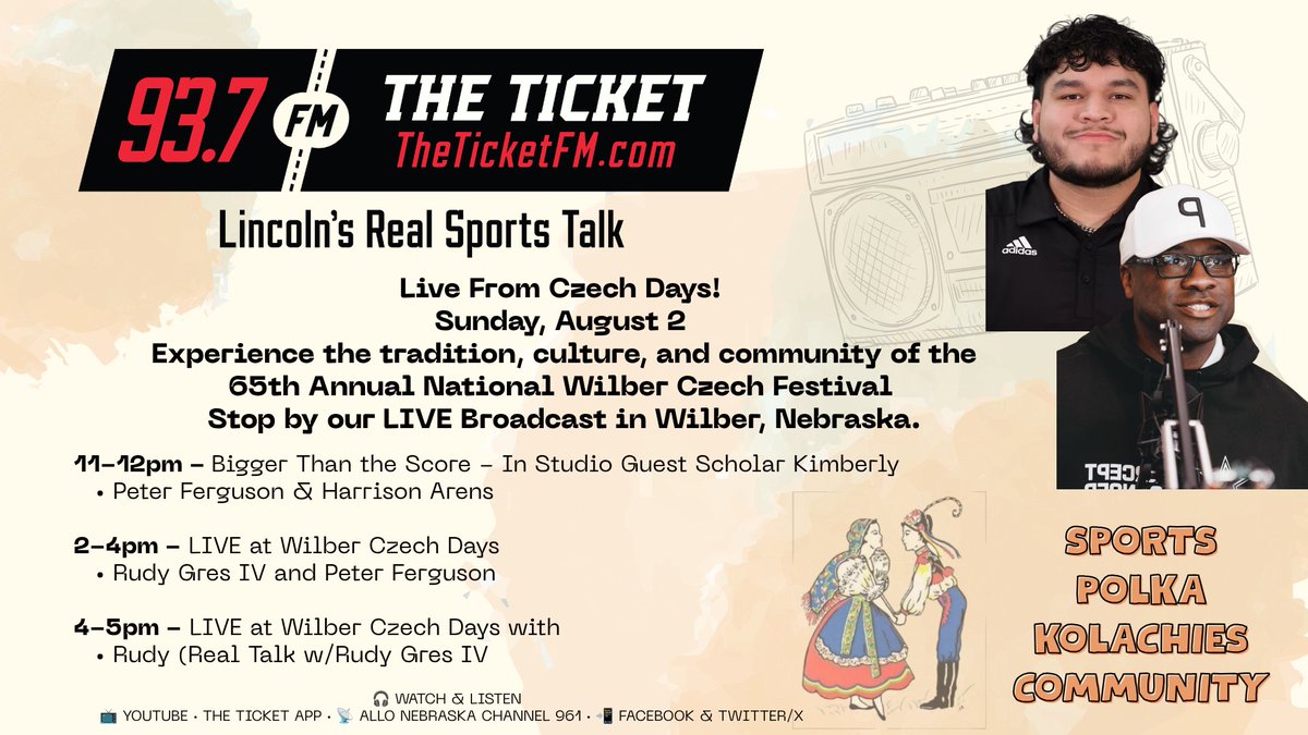 PeteFergusonBHS's tweet photo. Doubling up this weekend on @937TheTicket !

🏫 11 a.m. — Scholar Kimberly joins #BiggerThanTheScore to share her journey to high school and advice for scholars, families, and educators.

🇨🇿 2–4 p.m. — @rudyboat & I broadcast LIVE from the 65th Annual Wilber Czech days during the Sunday parade. Community, sports, kolaches, Czech culture…and maybe even a polka lesson.

Listen/watch: 93.7 The Ticket • YouTube • @AlloFiber Channel 961 • X

Because every community has a story—and this Sunday, we're bringing local and Wilber's to you.