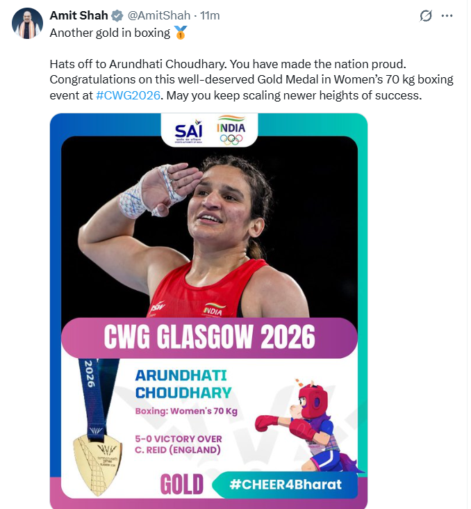 PTI_News's tweet photo. Union Home Minister Amit Shah (@AmitShah ) posts, "Another gold in boxing 🥇 Hats off to Arundhati Choudhary. You have made the nation proud. Congratulations on this well-deserved Gold Medal in Women’s 70 kg boxing event at #CWG2026. May you keep scaling newer heights of success."