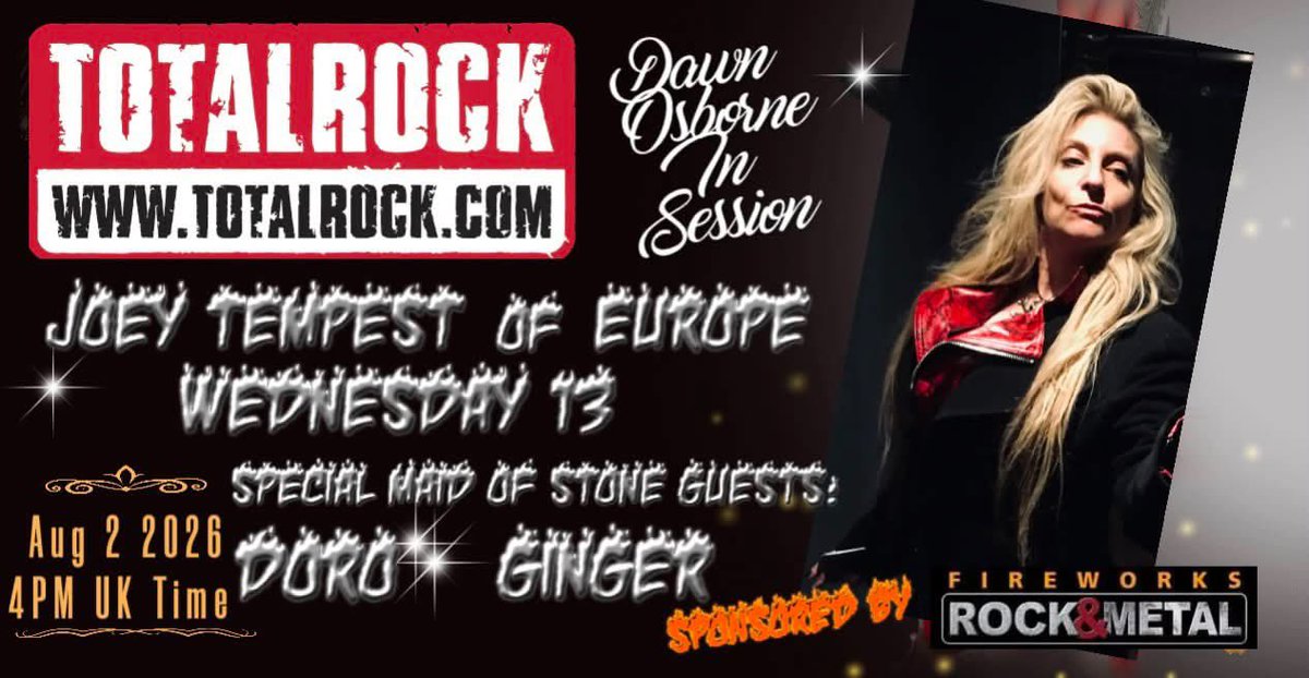 TotalRockOnline's tweet photo. Tomorrow! @JoeyTempest of @europetheband &amp; @Wednesday13 on their new albums Also from @maid_of_stone very special guests @DoroOfficial and @GingerWildheart Sunday August 2, 4pm UK time on @TotalRock sponsored by @FireworksMagazine @thewildhearts https://t.co/IrJAP1kJmQ