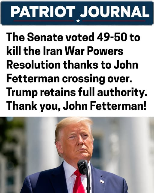 KennethFCrowe1's tweet photo. The Senate just voted 49-50 to kill the Iran War Powers Resolution.
John Fetterman crossed over and made the difference. Trump keeps full authority.
Thank you, John Fetterman. https://t.co/KewCBYenk4