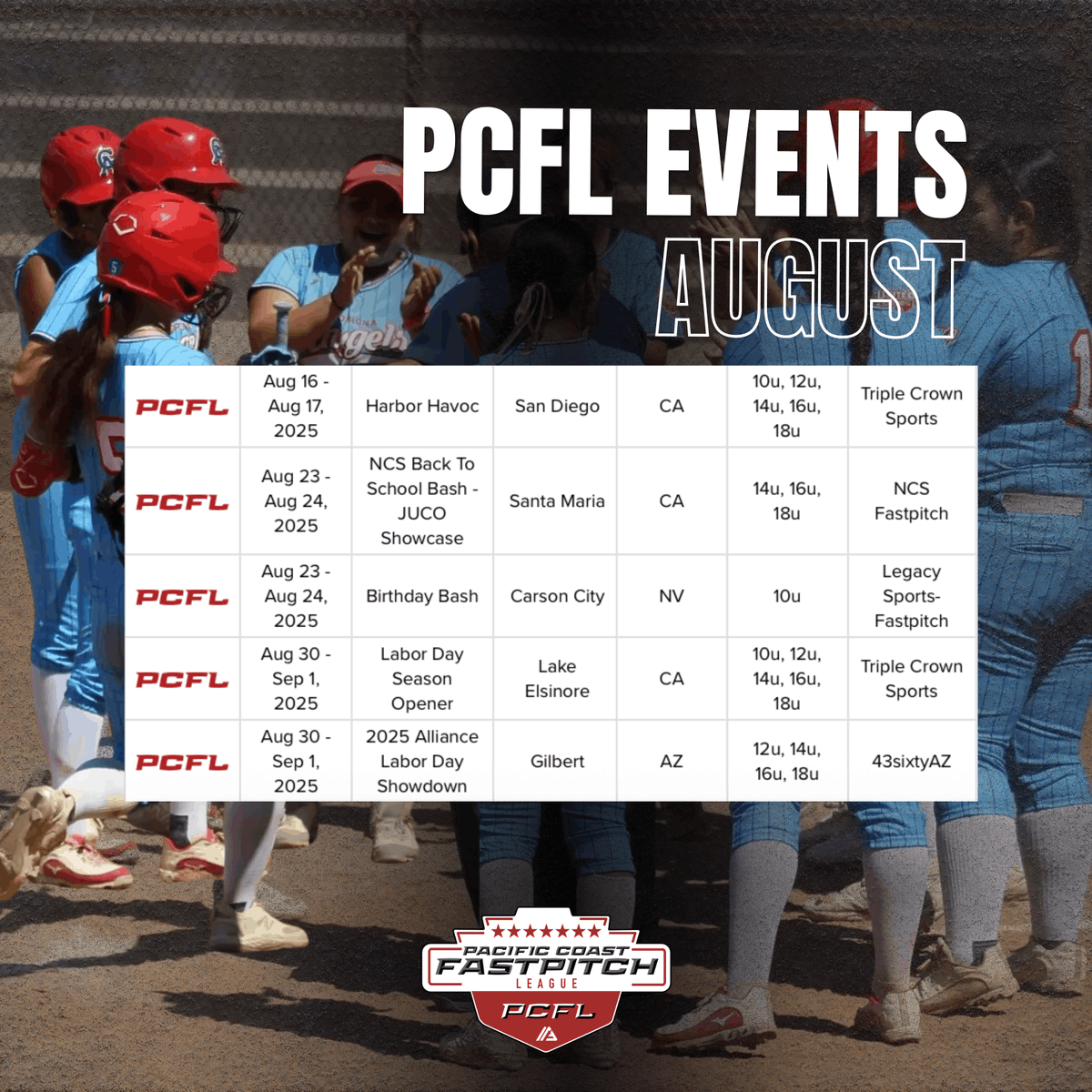 PCFLfastpitch's tweet photo. More games. More memories. More opportunities to compete. 🥎

August is here, and the PCFL schedule is packed with tournaments all month long. View the full schedule and register today — link in bio.

#PCFLEvents #PCFL #TravelSoftball https://t.co/CCEQrp84Ui