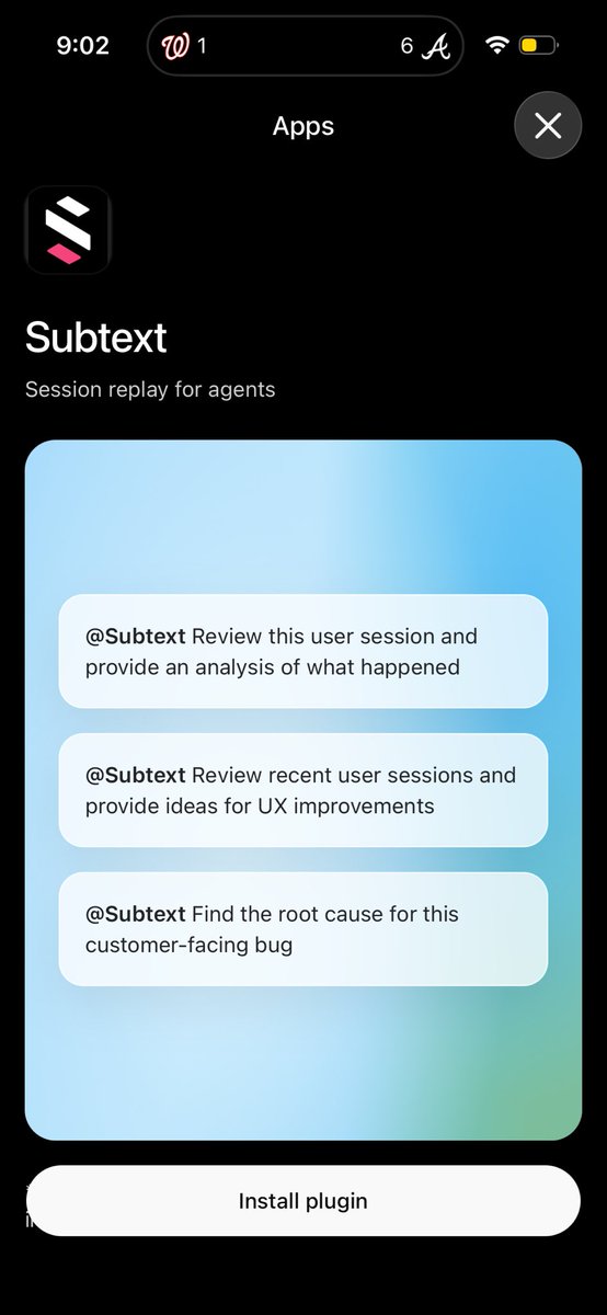 chiplay's tweet photo. @subtextdev is officially in the @OpenAI Codex plugin marketplace! 

For everyone building apps, it’s so convenient to have Codex (or Claude, Cursor, Linear, etc) review a user’s recent session and give you a detailed summary or root cause analysis for a bug report.  

Go try it free today!