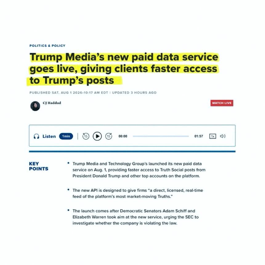 ham121959976's tweet photo. Breaking: Trump Media's paid early-access feed for Trump's posts just went live. Trading firms can pay $100K a month to see his market-moving posts before anyone else does. https://t.co/AFfz5w3Iq9