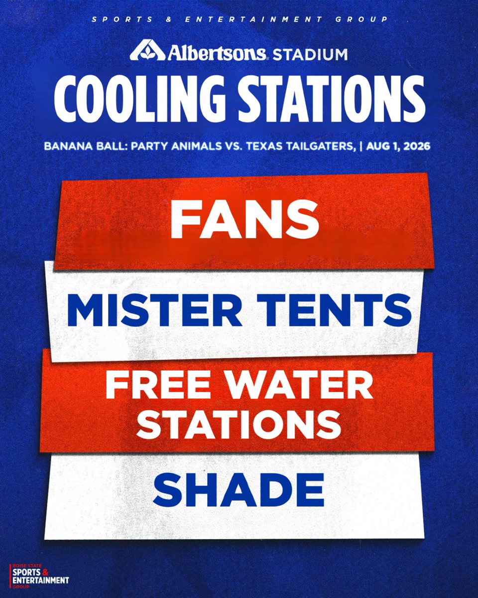 extramilearena's tweet photo. 𝘽𝙊𝙄𝙎𝙀

It’s going to be 𝗛𝗢𝗧 today. Our teams have been working overnight to ensure everyone’s ready for an 𝙀𝙋𝙄𝘾 day of Banana Ball.

Do your part to be prepared! Drink plenty of water and electrolytes before arriving, bring cooling towels & hand-held fans, and dress in light clothing.

𝗨𝗣𝗗𝗔𝗧𝗘𝗗 𝗧𝗜𝗠𝗘𝗟𝗜𝗡𝗘
2:30 pm - Rope Drop/Plaza Opens
3:00 pm - Pre-Party Live - no player appearances
4:00 pm - Stadium Entries Open
5:30 pm - Show Starts
8:00 pm-ish - Post-Game Party with Player Appearances after the game

The map below has updated locations of additional cooling stations in the East lot Pre-Party.
We’ve added:
additional mister tent
more shade
additional fans to air circulation
Free water stations

Sensitive groups, including elderly and children, should take extra precautions to prepare for being out in the heat and sun.

If you need assistance with heat, finding water, or any other assistance, please text our guest assist line (208) 426-4737. Be sure to include your location in your message.