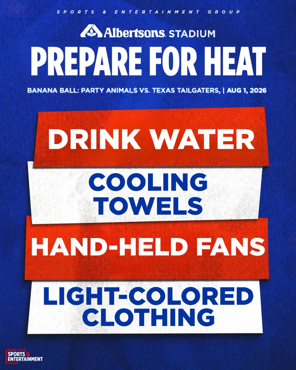 extramilearena's tweet photo. 𝘽𝙊𝙄𝙎𝙀

It’s going to be 𝗛𝗢𝗧 today. Our teams have been working overnight to ensure everyone’s ready for an 𝙀𝙋𝙄𝘾 day of Banana Ball.

Do your part to be prepared! Drink plenty of water and electrolytes before arriving, bring cooling towels & hand-held fans, and dress in light clothing.

𝗨𝗣𝗗𝗔𝗧𝗘𝗗 𝗧𝗜𝗠𝗘𝗟𝗜𝗡𝗘
2:30 pm - Rope Drop/Plaza Opens
3:00 pm - Pre-Party Live - no player appearances
4:00 pm - Stadium Entries Open
5:30 pm - Show Starts
8:00 pm-ish - Post-Game Party with Player Appearances after the game

The map below has updated locations of additional cooling stations in the East lot Pre-Party.
We’ve added:
additional mister tent
more shade
additional fans to air circulation
Free water stations

Sensitive groups, including elderly and children, should take extra precautions to prepare for being out in the heat and sun.

If you need assistance with heat, finding water, or any other assistance, please text our guest assist line (208) 426-4737. Be sure to include your location in your message.