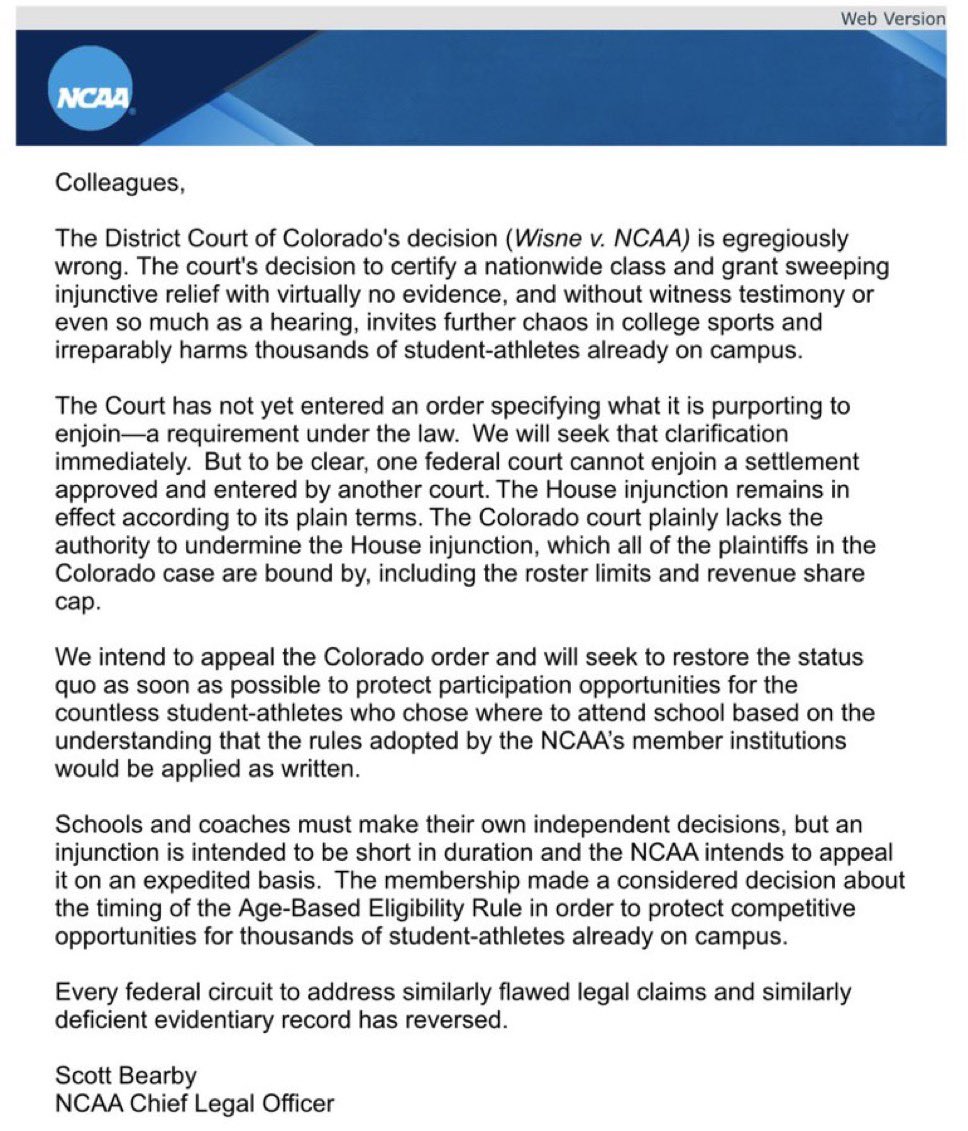 CollegeFBPortal's tweet photo. NEW: The NCAA has announced they will appeal the recent decision in regards to the 2022 class. 

The NCAA plans to appeal the decision “on an expedited basis.” 😳