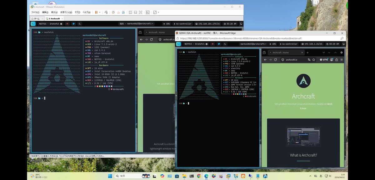markun8633's tweet photo. Archcraft 2026.08.01続き

Archcraft 2026.08.01
 Login=Sway
 VMwareWorkstation-*1、
 Proxmox ⭕️-*2、
 Virtualbox ❌️LoginNG
 日本語表示、ブラウザ、レスOK
 *1 解像度変更NG *2 長時間放置Freeze等
 前なかったSway⋯
 初めてにしては、まずまずかな〜😅

MocaccinoOSは毎月あるけど⋯🫠 https://t.co/b05JCN9q3P
