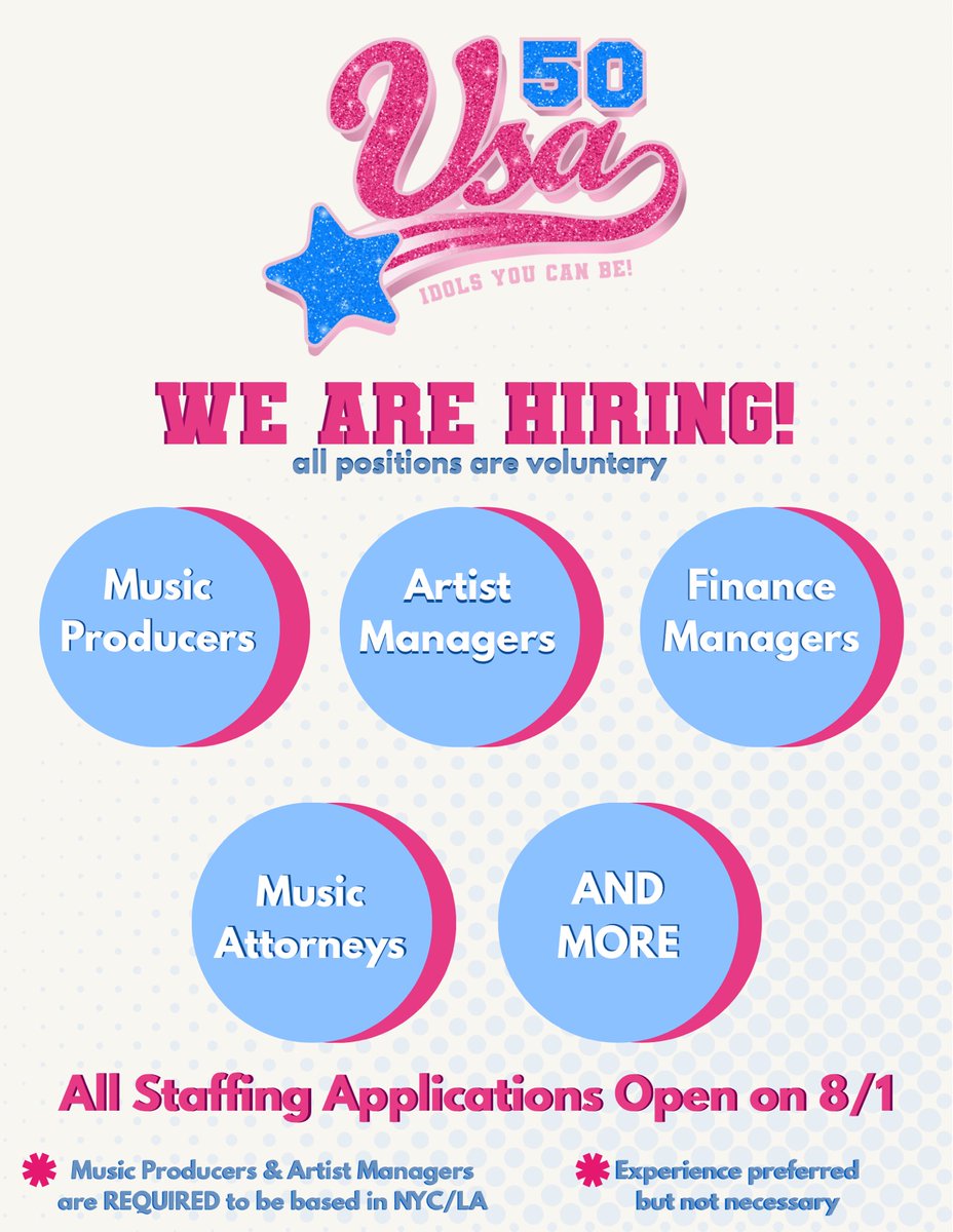 USA50Official's tweet photo. 🩷🤍💙【 STAFF APPLICATIONS FOR NYC/LA】🩷🤍💙
-`♡´- ========================== -`♡´-
USA50 is looking for staff for our two groups in NYC/LA Open: 8/1 - Positions are filled
You can find the applications on our website: https://t.co/IxogPdSl2T
Check details in the image
🩷🤍💙 https://t.co/BM1TXnp37b