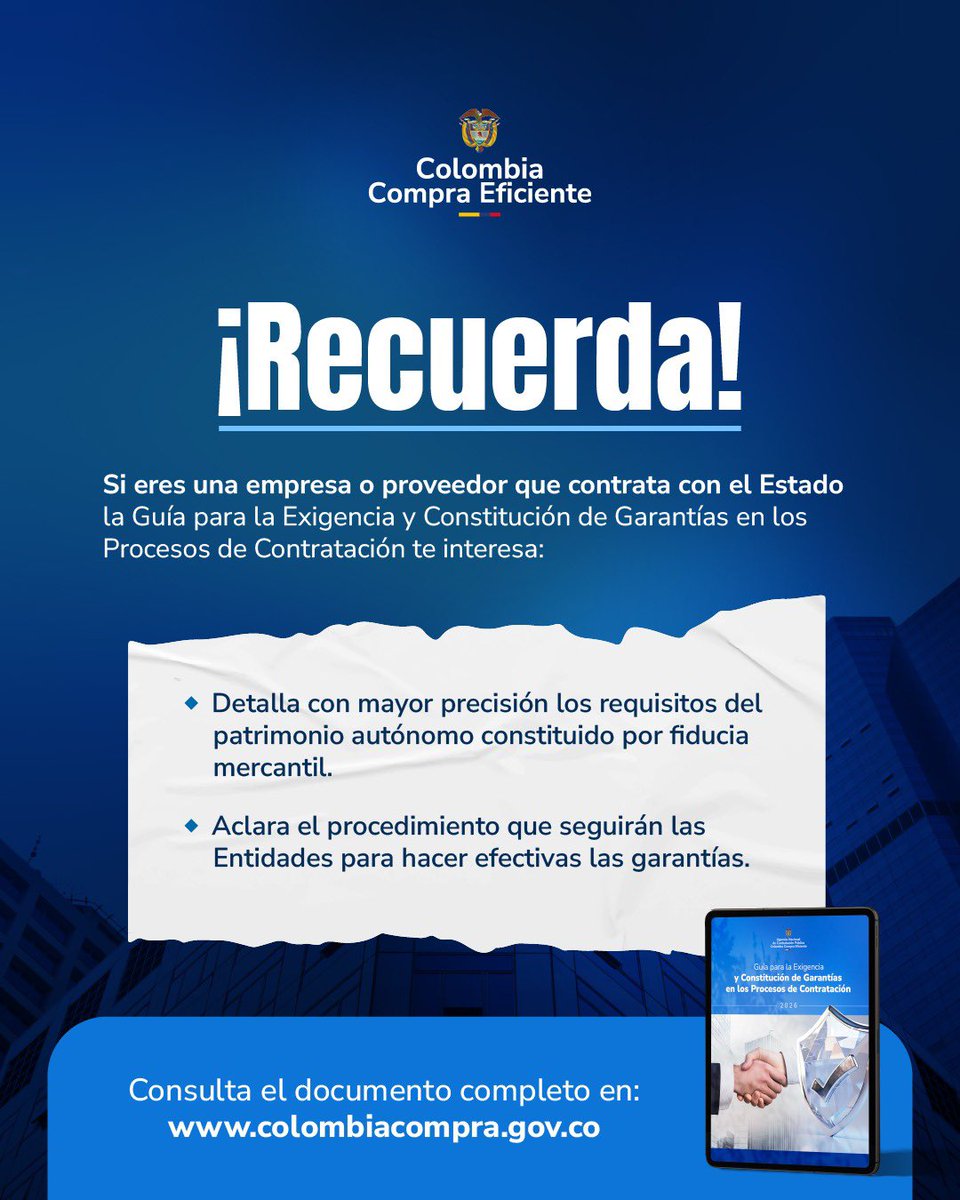 colombiacompra's tweet photo. Esta precisión busca dar mayor seguridad jurídica a quienes participan en la constitución de garantías dentro de la contratación estatal, y facilitar que las Entidades Públicas verifiquen y hagan efectivas estas garantías conforme a la normativa vigente👉 https://t.co/mPlza0OYDW https://t.co/RqXtXyxGhw
