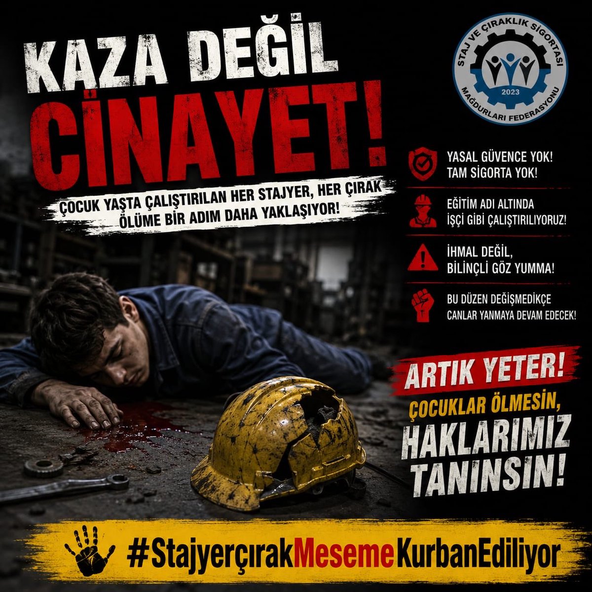 CirakStajFED's tweet photo. 📢 SÖZÜN BİTTİĞİ YERDEYİZ: ÇOCUKLARIMIZI ÇALIŞIRKEN YİTİRMEK İSTEMİYORUZ!

@Akparti
@MHP_Bilgi
@RTErdogan 
@dbdevletbahceli 
@eczozgurozel
@Yusuf__Tekin 
@tcmeb 
@isikhanvedat 
@csgbakanligi 
@memetsimsek 
@HMBakanligi 
@abakingurlek 
@iletisim 
@ypgenelmerkez
@herkesicinCHP
@iyiparti
@YeniYolTBMM
@SaadetPartisi
@GelecekPartiTR
@devapartisi
@_DemokratParti
@rprefahpartisi
@anahtarparti
@zaferpartisi
@bbpgenelmerkez
 @DSPGenelMerkez 
@BTP_Parti
@tipgenelmerkez
@dypmerkez 
@emekpartisi 
@NumanKurtulmus
@mehmetucum
@oktay_saral
@ejderacikkapi
@MahinurOzdemir
@profdrorhanates 
@MvDrHasanArslan 
@aerdemcantimur
@Korkutata_Zeki 
@isikhanvedat 
@vedatbilgn
@akbasogluemin
@NazimMavis
@leylasahinusta
@resulkurt34
@vedatbilgn
@zorlu77

Son dönemde gencecik yaşta, geleceğin ustaları ve zanaatkarları olacak stajyer ve çırak kardeşlerimizi iş kazalarında kaybetmenin derin üzüntüsünü ve öfkesini yaşıyoruz.

Henüz hayatının baharında olan, eğitim almak ve meslek öğrenmek için tezgah başına geçen evlatlarımız; eksik denetimlerin, güvencesiz çalışma şartlarının ve yok sayılan hakların kurbanı oluyor.

"Eğitim" adı altında ağır iş koşullarına mahkûm edilen, emekleri sömürülen ve can güvenliği hiçe sayılan her bir evladımızın acısı bizim ortak acımızdır.

🚨 Gerçekler Can Alıyor, Sistem Görmezden Geliyor!

Staj ve Çıraklık Lüks Değil, Alın Teridir: Çırak ve stajyerlerimiz sadece birer "öğrenci" değil, üretimin tam merkezinde alın teri döken emekçilerdir.

Sağlık ve Can Güvenliği Ertelenemez: İnsan hayatının ucuz tutulduğu, iş güvenliği tedbirlerinin kağıt üzerinde kaldığı bir düzeni kabul etmiyoruz.

Emek Emektir, Hak Haktır: Yıllardır haykırdığımız sigorta ve emeklilik mağduriyetinin yanında, bugün en temel hak olan "YAŞAMA HAKKI" için mücadele etmek zorunda kalıyoruz.

⚖️ Çağrımızdır!
Yitip giden canlarımızın hesabı sorulana, stajyer ve çıraklarımızın can güvenliği tam anlamıyla sağlanana ve hak ettikleri hukuki/sosyal güvencelere kavuşana kadar SUSMAYACAĞIZ!

İş sağlığı ve güvenliği denetimleri derhal sıklaştırılmalıdır.

Gerçekleşen ölümlerin sorumluları yargı önünde hesap vermelidir.

Geleceğimizi tezgah başlarında, inşaatlarda, fabrikalarda kurban vermeyeceğiz. Hayatını kaybeden tüm stajyer ve çırak kardeşlerimize Allah’tan rahmet, kederli ailelerine sabır ve başsağlığı diliyoruz.

Kaza Değil Cinayet
#StajyerçırakMesemeKurbanEdiliyor