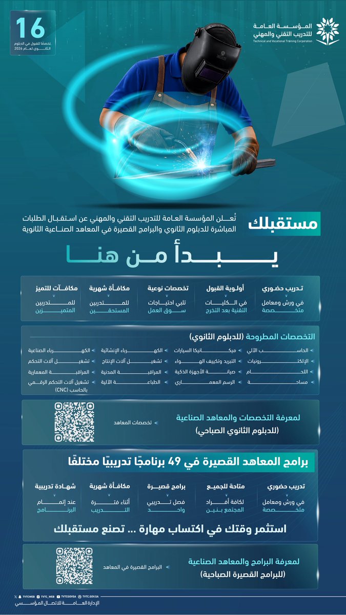 tvtcweb's tweet photo. استثمر في مستقبلك... بمهارات تصنع الفرق.

تُعلن المؤسسة العامة لـ #التدريب_التقني والمهني عن إتاحة القبول المباشر في دبلوم المعاهد الصناعية الثانوية والبرامج التدريبية القصيرة للبنين، ضمن تخصصات وبرامج تدريبية متنوعة.

لمعرفة المعاهد والتخصصات:
https://t.co/WqZxpvT15v https://t.co/ac4aRTVezc