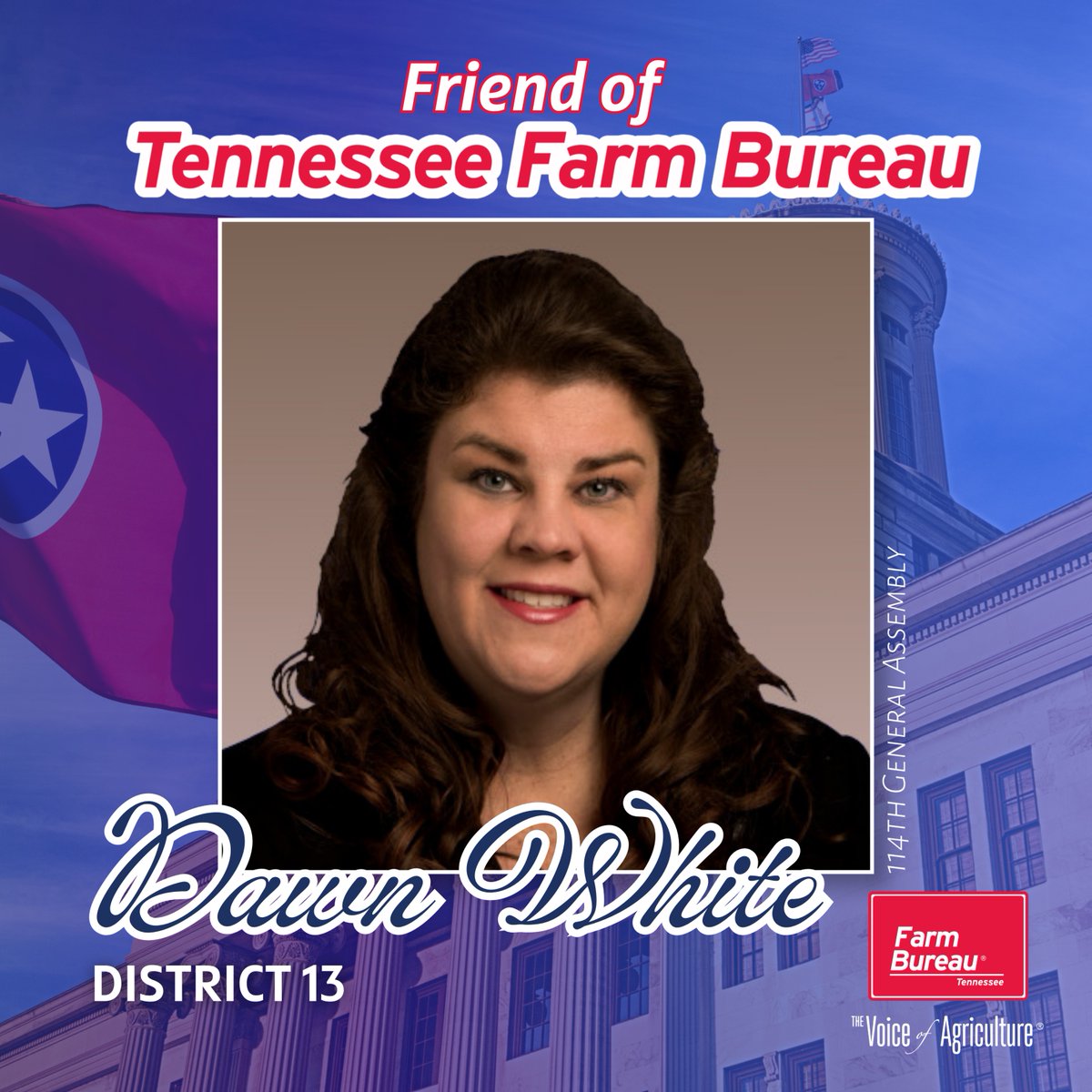 TNFarmBureau's tweet photo. Strong relationships help strengthen agriculture. Congratulations to @VoteDawn on being recognized as an inaugural Friend of Farm Bureau Award recipient. Thank you for taking the time to listen to Tennessee farmers and champion agriculture.

Read more ➡️ https://t.co/YSSEsfLidF

#TNFarmBureau | #FriendofTNFB