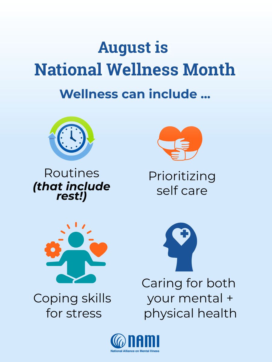 NAMICommunicate's tweet photo. What does wellness mean to you? 

It's never too late in the year to start (or restart) wellness practices and routines. For #NationalWellnessMonth, we'll be posting reminders and information on why different kinds of wellness matter for your mental and physical health. https://t.co/zOhHDy29b5