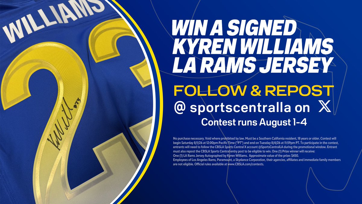 SportsCentralLA's tweet photo. 🐏RAMS SIGNED JERSEY GIVEAWAY🐏

To celebrate our partnership w/ the Rams, we're giving away ONE signed Large Kyren Williams #23 jersey!

To enter, repost this &amp; follow us here on X &amp; we'll DM the winner

Contest ends Tuesday at 11:59pm

Official Rules: https://t.co/t4wn8jVkF0 https://t.co/cEfPZz6dKL