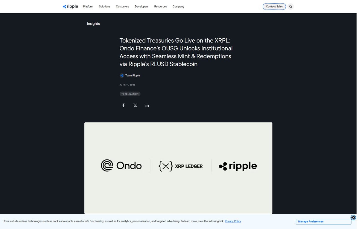 beyond_broke's tweet photo. Ondo Finance brought its tokenized U.S. Treasury fund, OUSG, onto the XRP Ledger, with minting and redemption running through Ripple's RLUSD stablecoin. That's a real fixed-income product settling on XRPL, not a pilot. https://t.co/RQu2VgrjWn