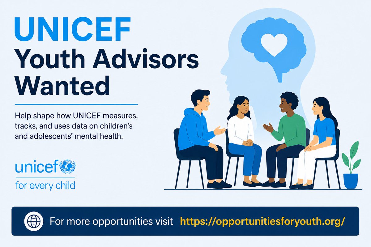 opportunitiesfy's tweet photo. 🌍🎓 UNICEF is recruiting Youth Advisors to shape global child &amp; adolescent mental health—receive a USD 2,000 stipend, funded travel, and global leadership experience; apply by 17 Aug 2026: https://t.co/oS6j8ySvIj 

#UNICEF #YouthLeadership #MentalHealth #YouthOpportunities https://t.co/7KLzffYQJd