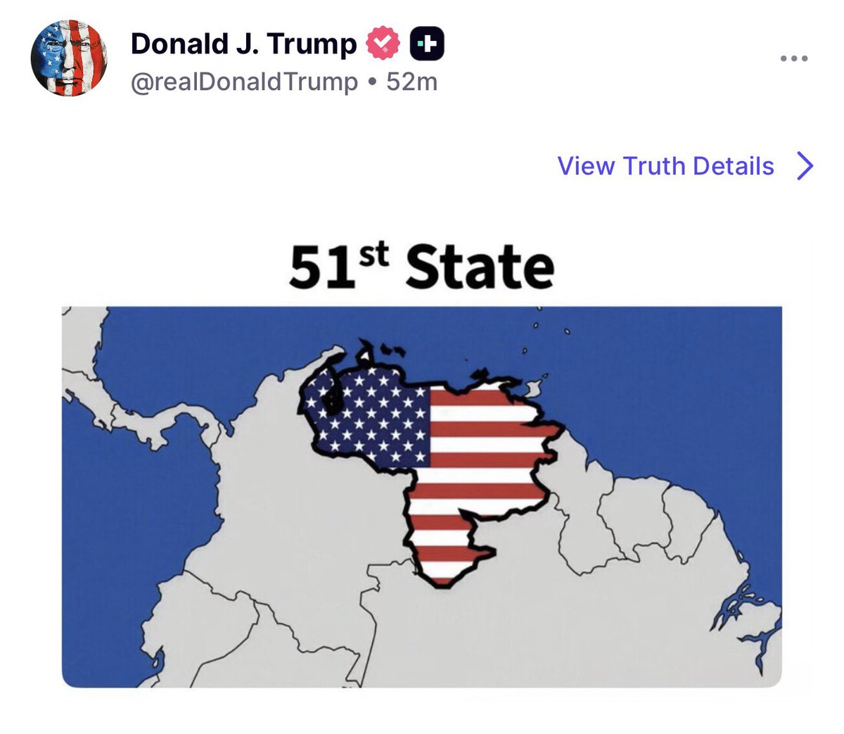 CATERINAV's tweet photo. #1Ago @realDonaldTrump ha publicado hace unos minutos en su red TRUTH SOCIAL está foto:

La imagen de Venezuela 🇻🇪 
Estado 51 https://t.co/oALaXrPri7