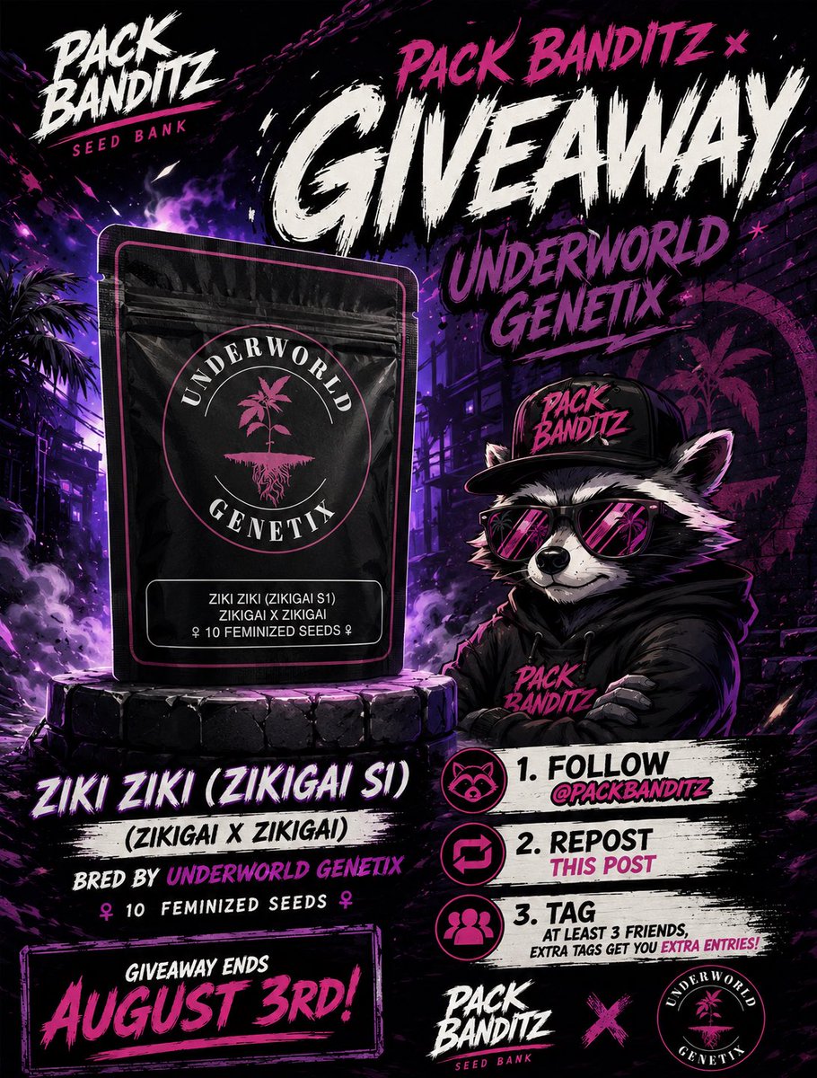 packbanditz's tweet photo. 🏴‍☠️🩷🌍 𝙐𝙉𝘿𝙀𝙍𝙒𝙊𝙍𝙇𝘿 𝙂𝙀𝙉𝙀𝙏𝙄𝙓 𝙂𝙄𝙑𝙀𝘼𝙒𝘼𝙔 🌍🩷🏴‍☠️
@underworld66204 

One lucky winner will score a Ziki Ziki (Zikigai S1) pack from Underworld Genetix! 🧬🔥

🧬 𝙕𝙄𝙆𝙄 𝙕𝙄𝙆𝙄 (𝙕𝙄𝙆𝙄𝙂𝘼𝙄 𝙎1)
🧬 Lineage: Zikigai × Zikigai
🌱 10 Feminized Seeds
🏴‍☠️ Bred By: Underworld Genetix

🎉 HOW TO ENTER:
1️⃣ Follow @PackBanditz & @underworld66204 
2️⃣ Repost this post
3️⃣ Tag at least 3 friends (every extra tag = another entry!)

📅 Giveaway ends August 3rd!
🏆 Winner announced August 3rd!

Good luck, Banditz! 🤘🦝