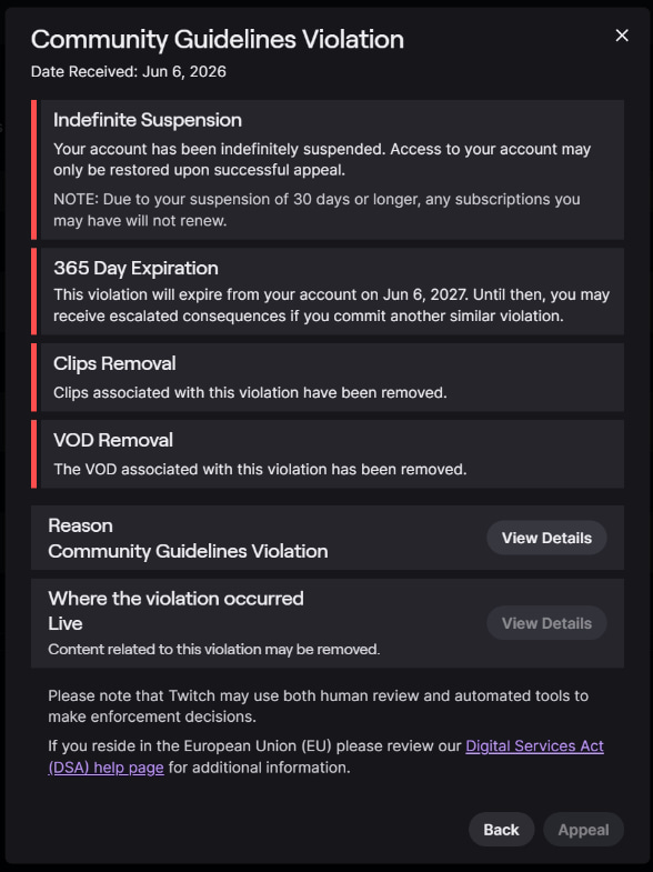 ZakharKodak's tweet photo. On June 6, 2026, at 09:24 UTC, my Twitch channel https://t.co/Zqt10rEclU received a permanent suspension for “Violation of Community Guidelines”:

I reviewed the broadcast recording corresponding to the time of the suspension, starting from approximately 00:22:00 UTC, and found no content or activity that, to the best of my knowledge, violated Twitch’s Community Guidelines.

The problem is as follows:
• I did not broadcast copyrighted content;
• I did not engage in any activity that appeared to violate Twitch’s rules;
• the suspension email did not identify the specific content or action that caused the enforcement;
• no content ID, copyright owner information, timestamp, clip, or other evidence of a specific violation was provided;
• as a result, I am unable to understand what exactly led to the permanent suspension.

I fully respect Twitch’s efforts to protect its community and enforce its rules. However, without any specific details regarding the alleged violation, I believe that this enforcement have been issued in error.

I respectfully ask Twitch to review this decision fairly and restore access to my account.

#Twitch #TwitchSupport #Streamers @TwitchSupport  @Twitch  @djclancy999