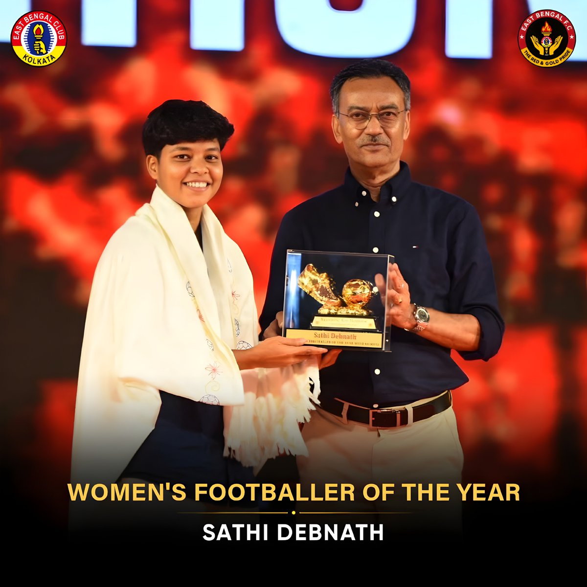 EBFC_TRGP's tweet photo. Congratulations to Sathi Debnath on receiving the Women's Footballer of the Year Award at East Bengal Club's 107th Foundation Day. 🔴🟡🏆👏

#EastBengalFC #JoyEastBengal #WomensFootballerOfTheYear #107thFoundationDay #EBFC_TRGP https://t.co/uzGguIYSsj