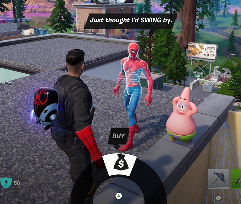arcanesil's tweet photo. Epic forgot to make the Spider-Man NPC sell the web-shooters so it looks like he's just asking for a handout 😭😭 https://t.co/2duA53shMs