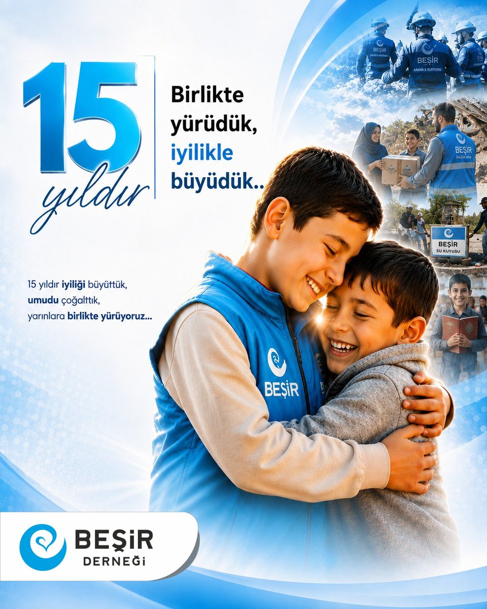 Besirdernegi's tweet photo. ELHAMDÜLİLLAH!

Ümmetin hâdimi Beşir Derneği, bugün 15. yılını geride bıraktı. Bir yetime hami, mazluma uzanan şefkat eli olduk; milyonlarca gönle dokunduk. İnsanlığa hizmet yolunda çıktığımız bu yolda birlikte yürüdük, iyilikle büyüdük...

İyi ki varsınız,
İyi ki Beşir var! https://t.co/YRI90jFlma