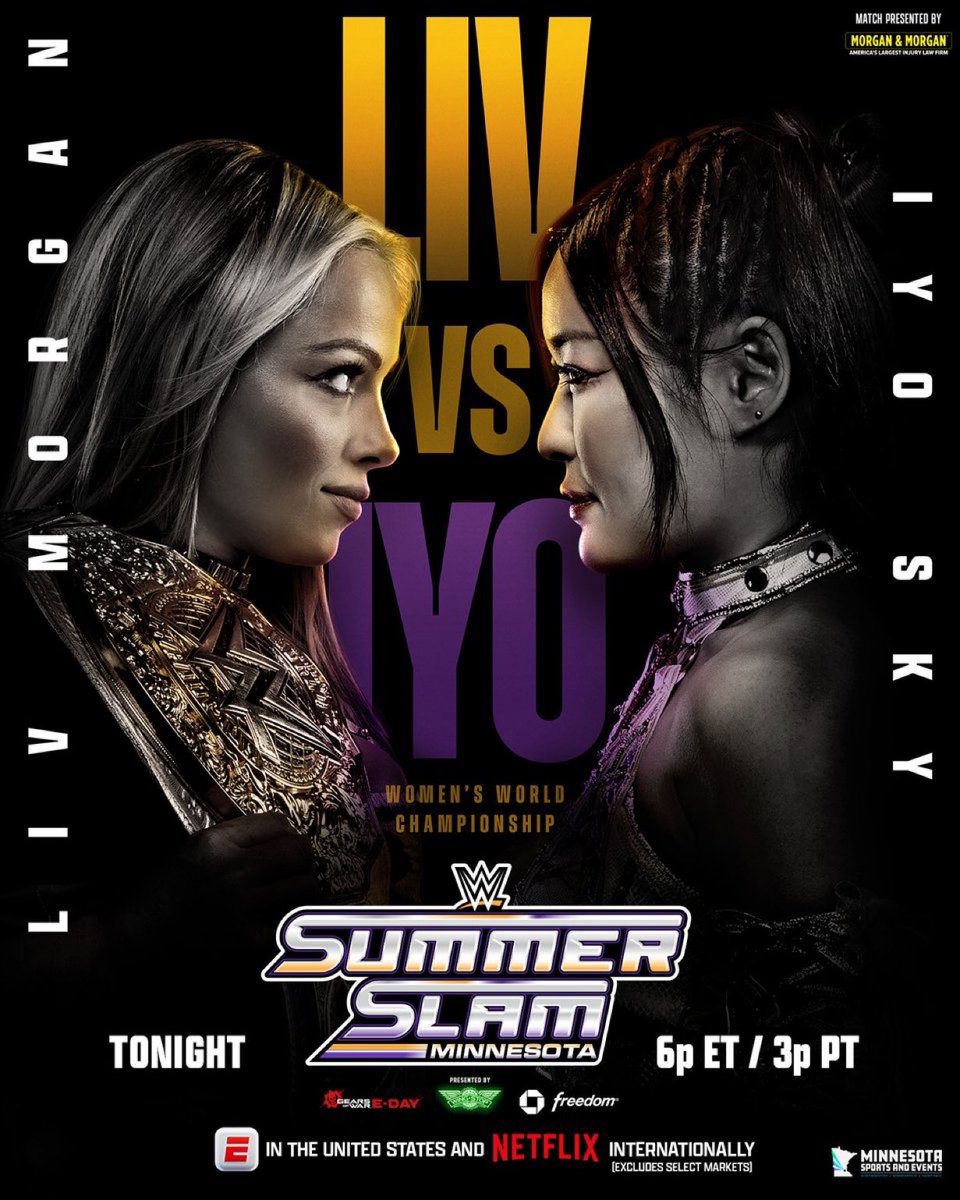 WrestleOps's tweet photo. Liv Morgan vs. IYO SKY for the Women’s World Title is set to OPEN #SummerSlam Night 1 tonight.

(PWlnsider) https://t.co/svI0NzBjAc