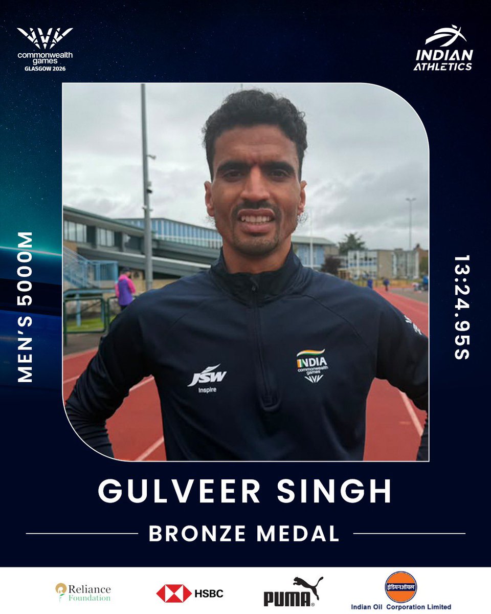 afiindia's tweet photo. HISTORY BY GULVEER! 🇮🇳

Gulveer Singh becomes the first-ever Indian man to win a medal in the Men's 5000m at the #CWG2026! 💪

#IndianAthletics #TeamIndia #AFI https://t.co/V1M0ZJOQcw