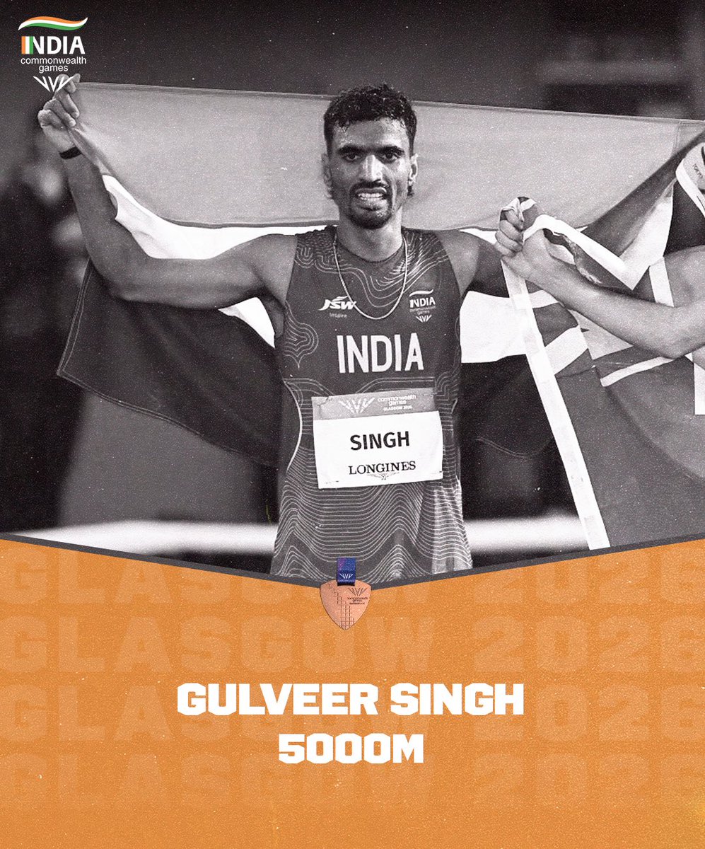 WeAreTeamIndia's tweet photo. A final lap to remember for Gulveer Singh! 🥉✨

The last lap had it all, but he pushed till the finish line to secure a historic bronze in the Men’s 5000m final. Gulveer Singh becomes the first Indian to win a Commonwealth Games medal in the 5000m event. He adds a second CWG 2026 medal to his name! 

Let’s #Cheer4Bharat!

#WeAreTeamIndia | #TogetherWeDream