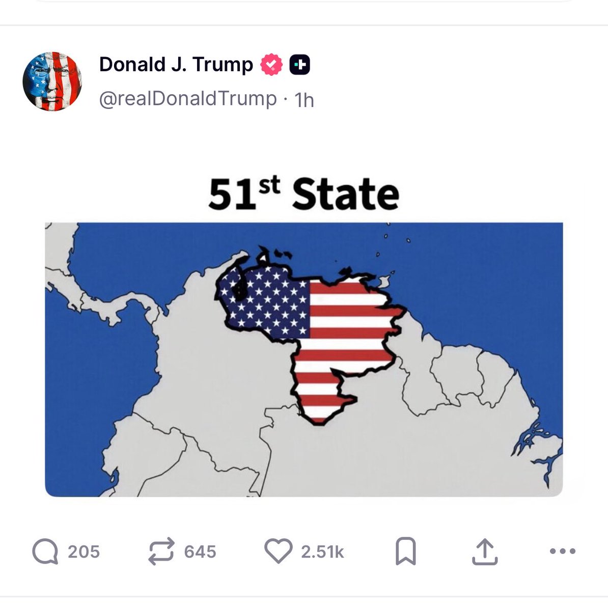 OrlvndoA's tweet photo. 🚨 | Hoy Trump volvió a compartir una imagen con Venezuela como el estado 51 de los Estados Unidos. https://t.co/RsxbKkreUd